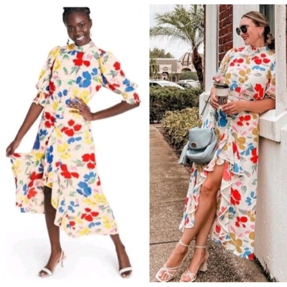 Rixo Target Floral Dress Size 12 Ruffle Midi Mock Neck Colorful Abstract